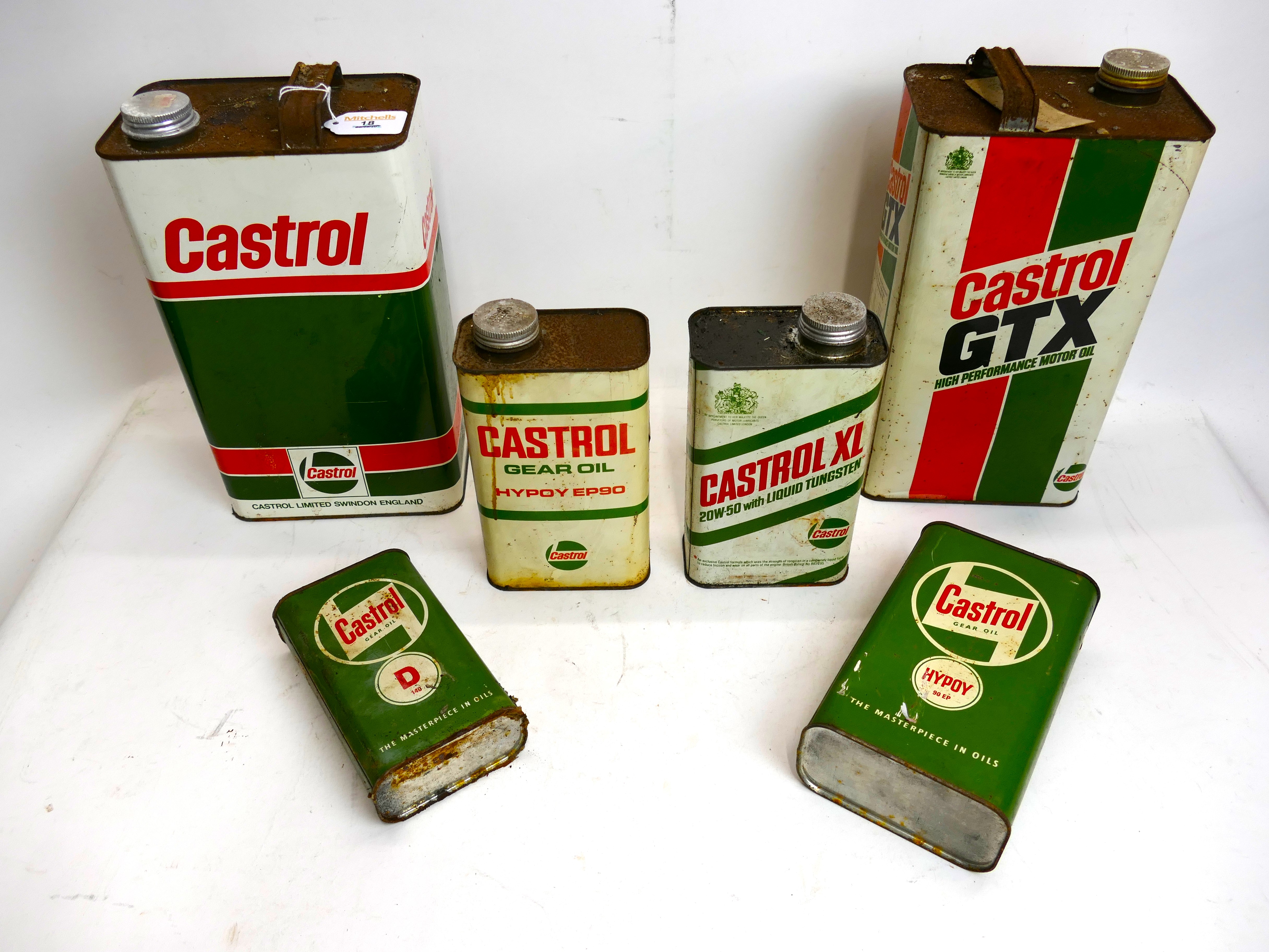 Six tins of vintage Castrol oil: GTX, Ge