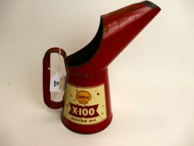 Shell X-100 motor oil pouring can, heigh
