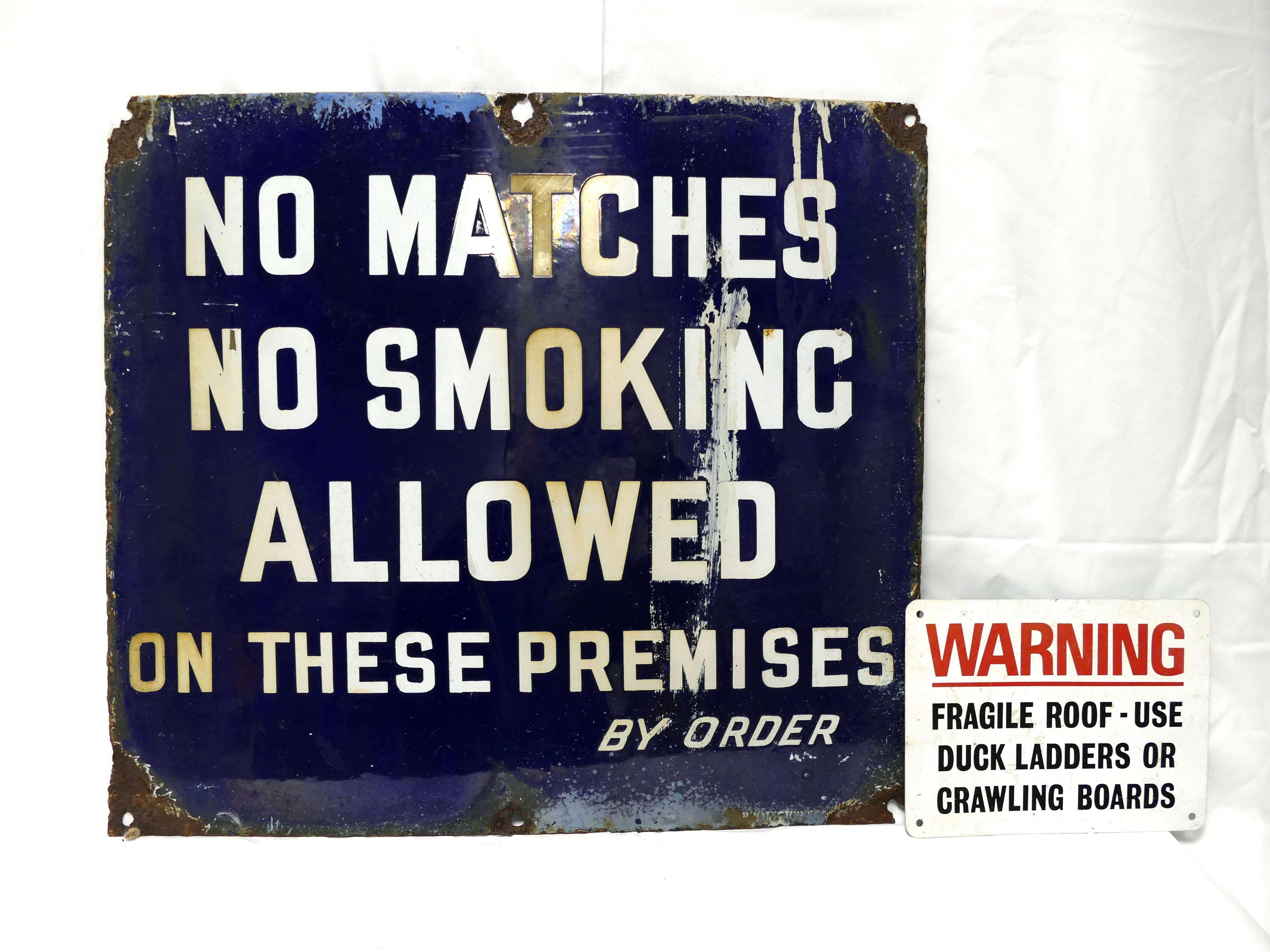 Blue enamel tin garage sign 'No Matches,