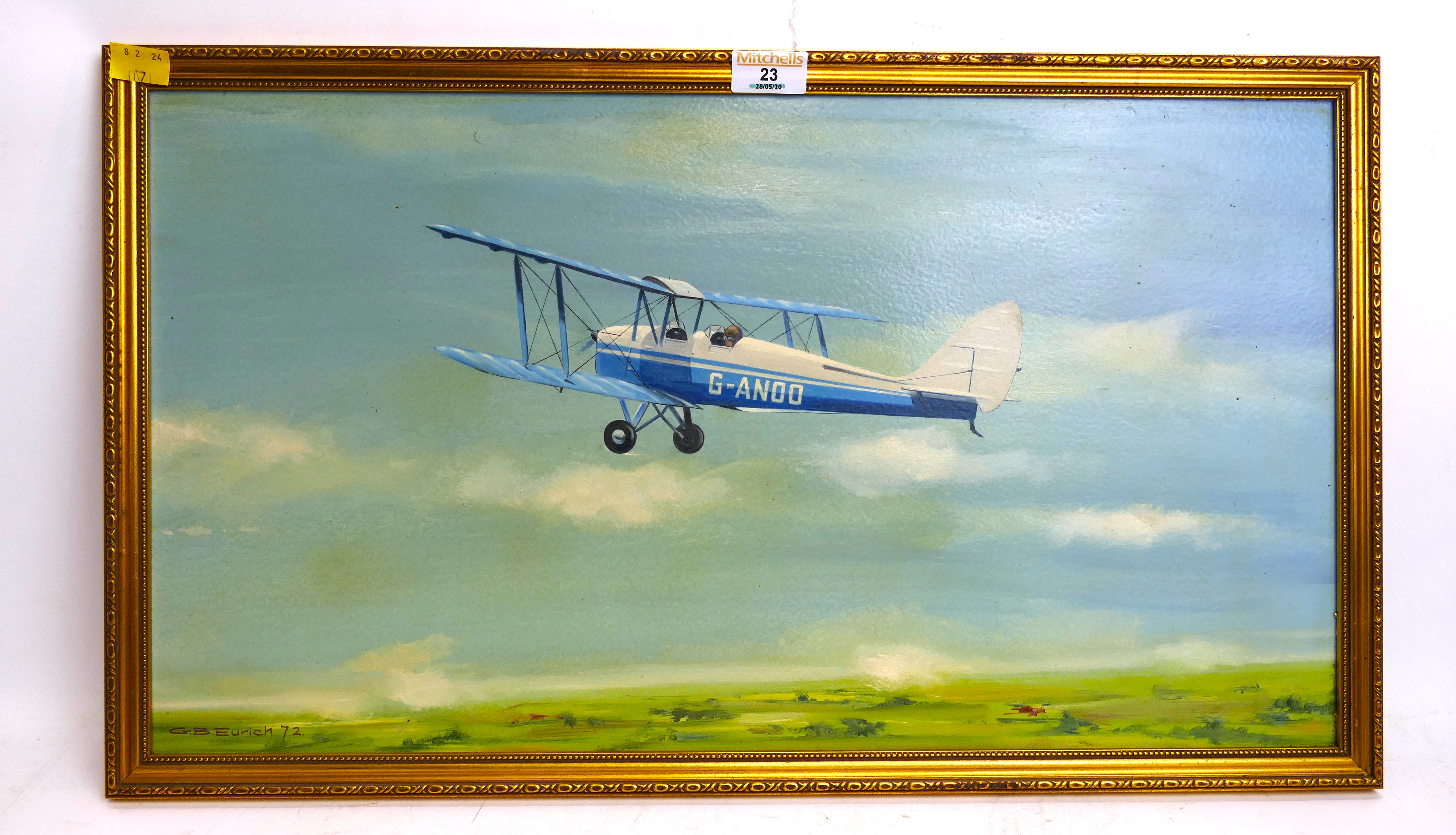 Framed oil on board picture, bi-plane G-