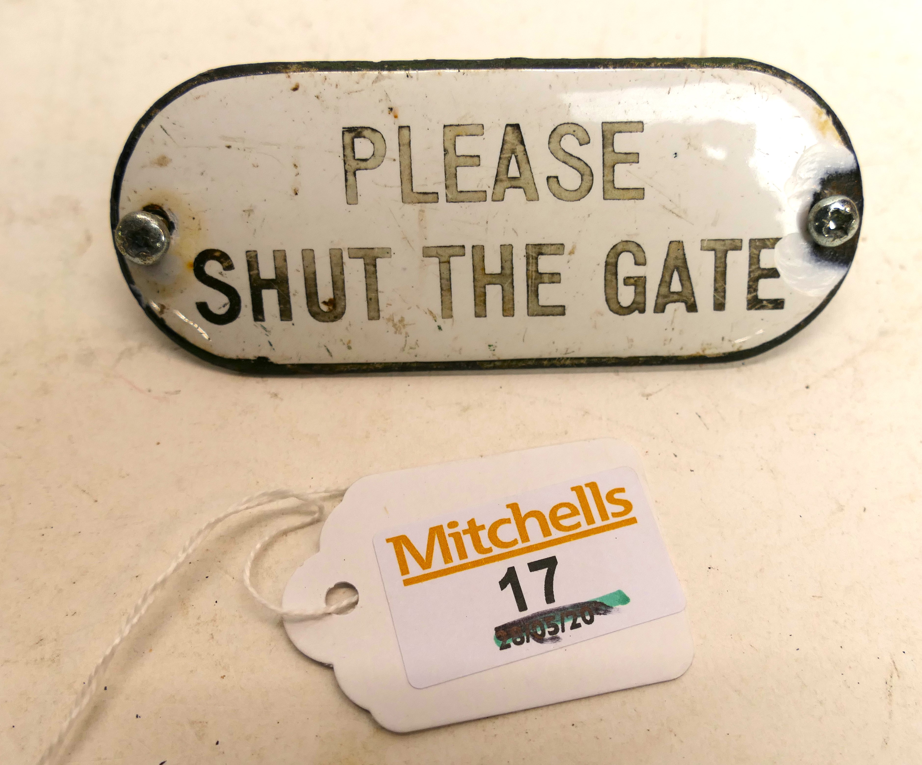Meta and enamel "Please Shut The Gate" s
