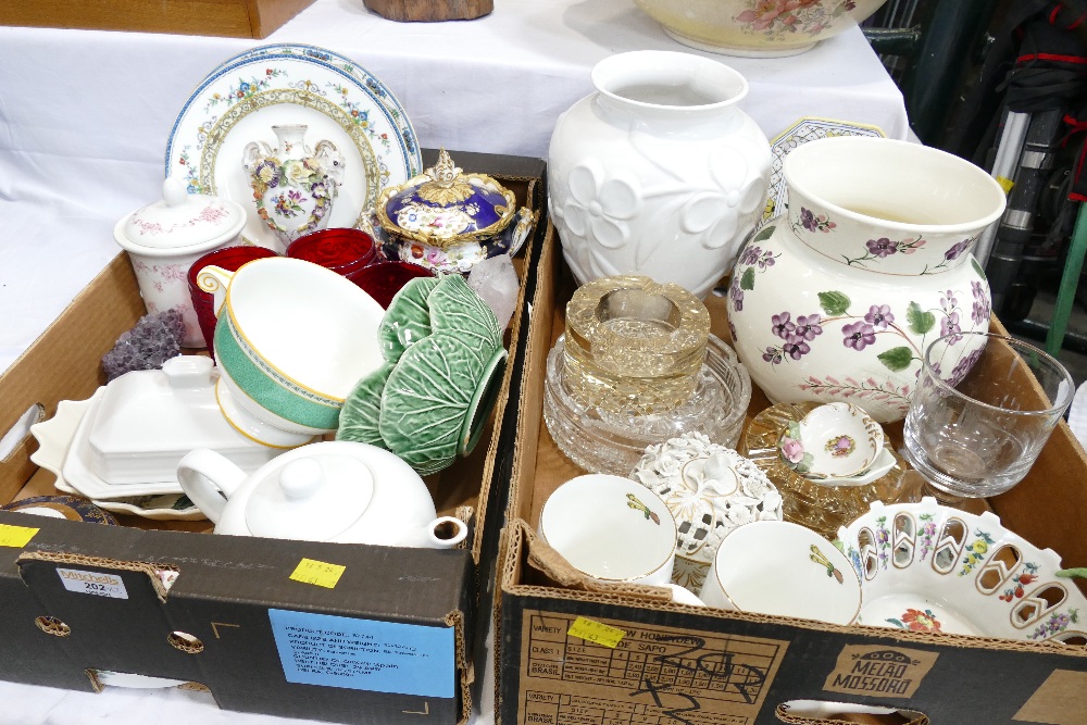 Two boxes of floral vases, Dresden flower encrusted basket, Minton plates,