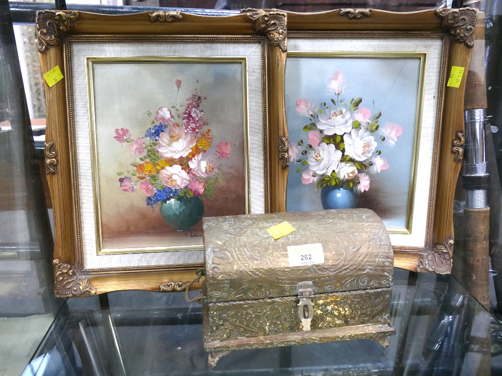 Brass bound miniature chest and pair of floral oil paintings