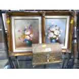 Brass bound miniature chest and pair of floral oil paintings