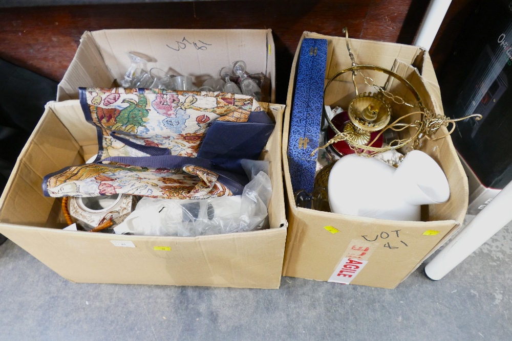 Two boxes of glassware, ceramics, light fittings,