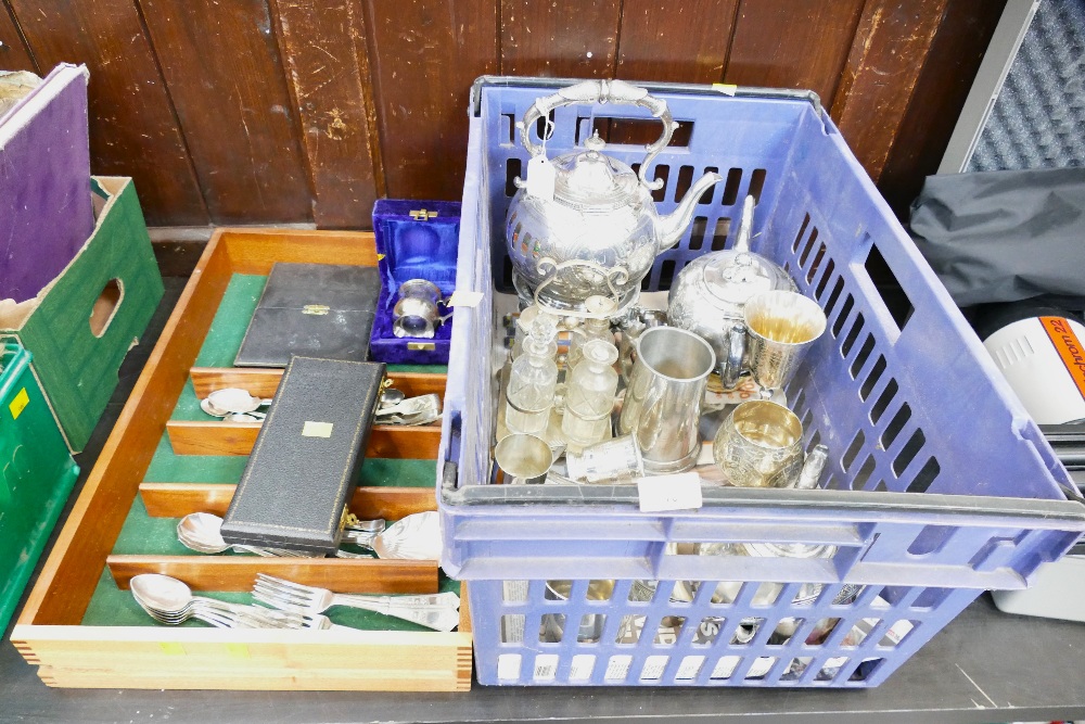 Two boxes of plated ware, kettles, goblets, cutlery,