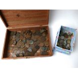 Wooden case containing vintage coins,