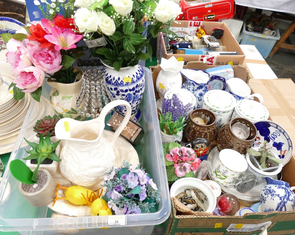 Two boxes of vases containing artificial flowers, wash jug and basin, kitchen storage jars,