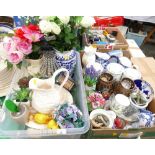 Two boxes of vases containing artificial flowers, wash jug and basin, kitchen storage jars,