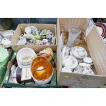 Three boxes of part tea sets, glassware, ornaments, clocks,