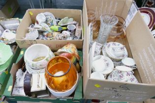 Three boxes of part tea sets, glassware, ornaments, clocks,