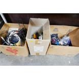 Three boxes of cables, vintage camera film, printer cartridges,