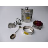 Pewter hip flask, two metal Scottish napkin rings, Cranberry glass dish with white metal surround,