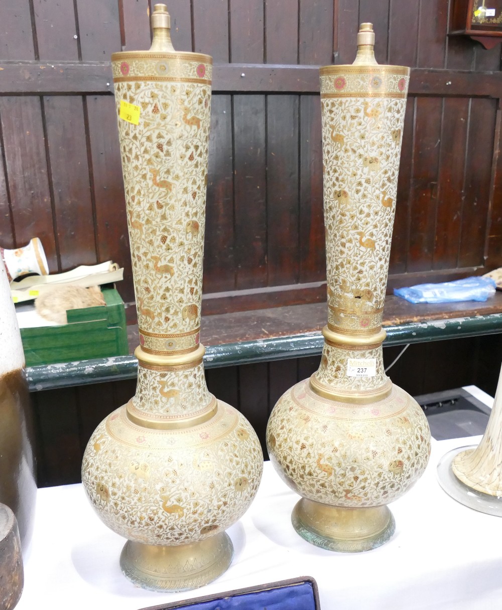 Pair of brass Indian style lidded tall vases, 57 cm high,