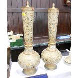 Pair of brass Indian style lidded tall vases, 57 cm high,