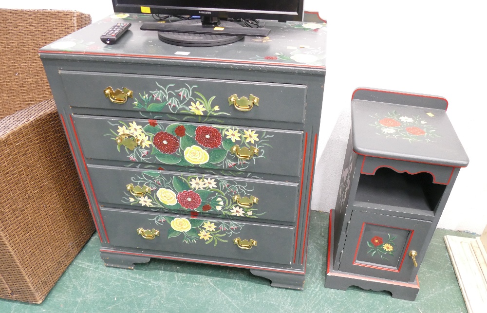 Continental style rose painted four flight chest of drawers and similar bedside cabinet