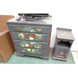 Continental style rose painted four flight chest of drawers and similar bedside cabinet