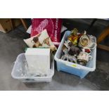 Three boxes of cushions, glassware, ornaments, novelty teapots ,
