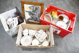 Three boxes of Indian Tree ceramics, coffee cans, large button telephone,