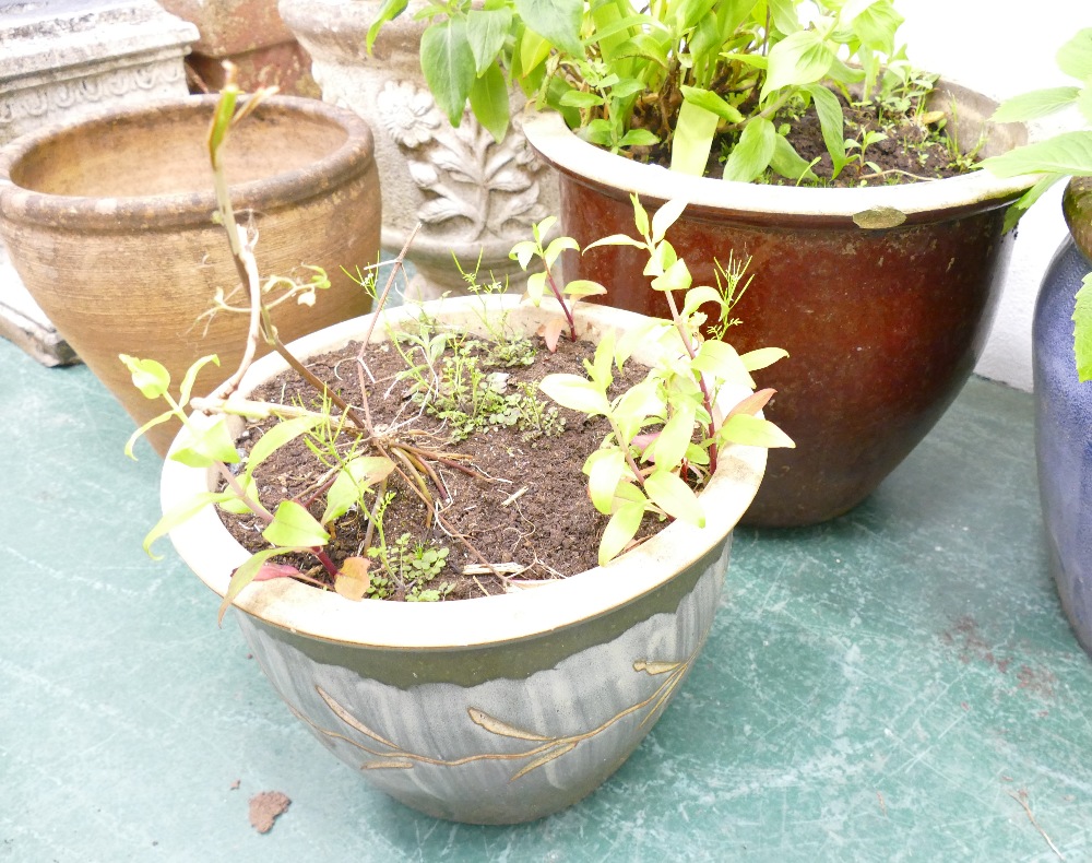 Large brown glazed garden planter and similar smaller blue glazed planter