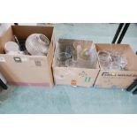 Three boxes of glass vases, glassware, ceramics,