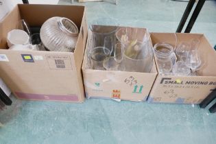Three boxes of glass vases, glassware, ceramics,