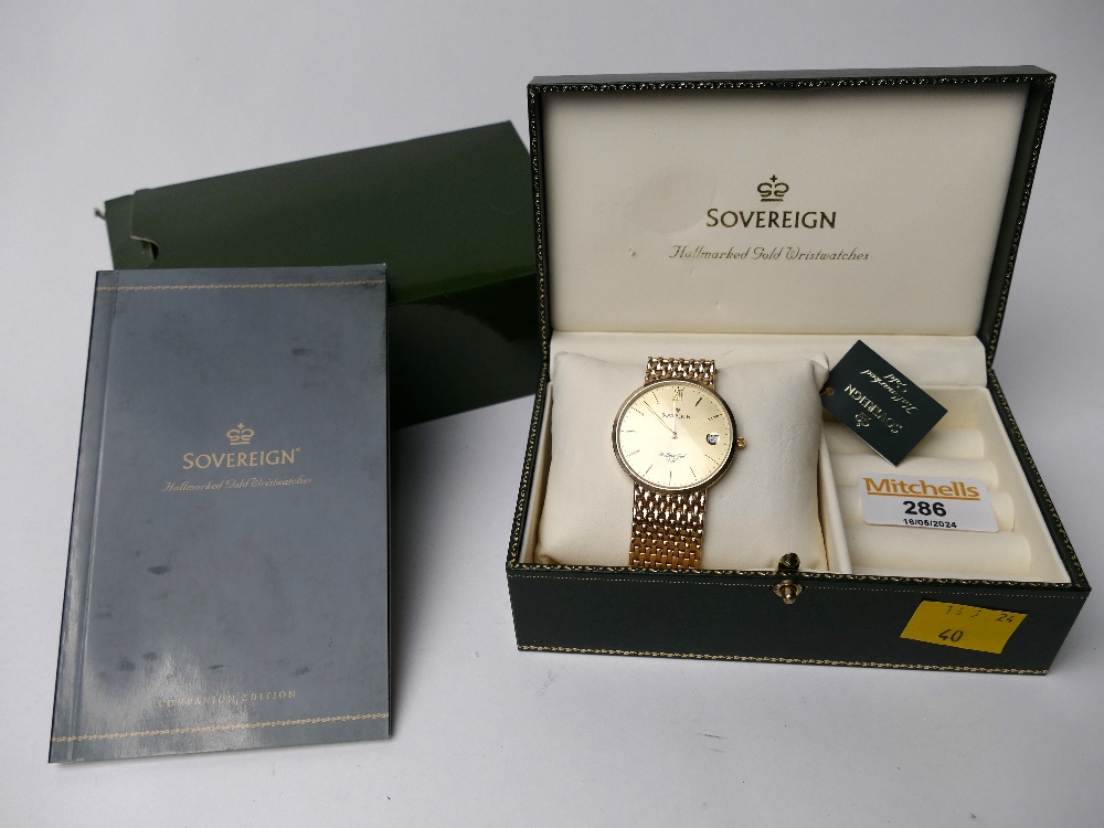 Sovereign 9 ct gold hallmarked gents wristwatch in case,