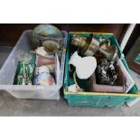 Two boxes of oil lantern, kettles, ornaments, decorative plates,