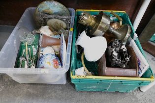 Two boxes of oil lantern, kettles, ornaments, decorative plates,