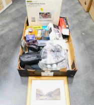 Box of photography equipment, digital photo frame, Maxim mini camera, camera pouches, film cases,
