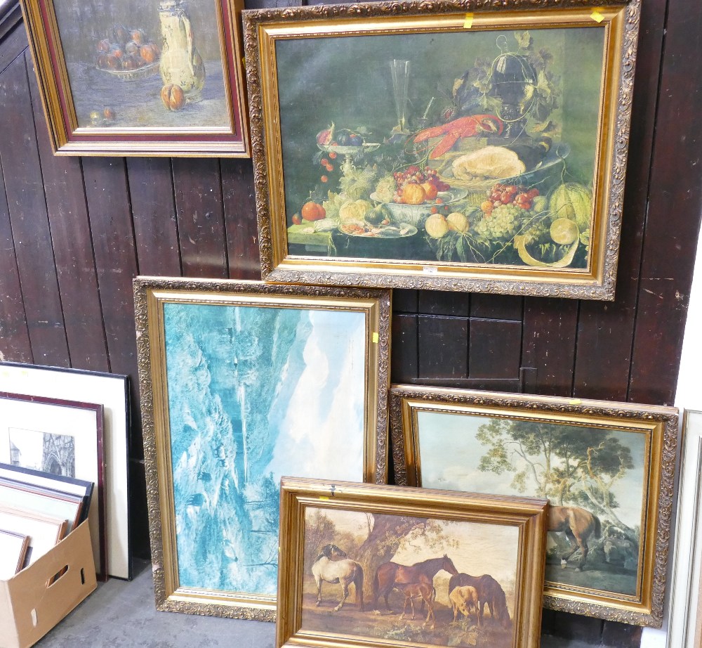 Five traditional style pictures in ornate gilt coloured frames,