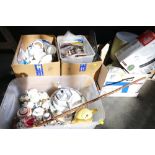 Four boxes of ceramics, ornaments, heaters, lamps,