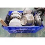 Box of cookware, pans, trivet, sieves, whisks,