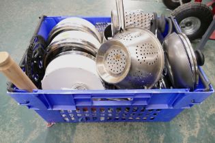 Box of cookware, pans, trivet, sieves, whisks,