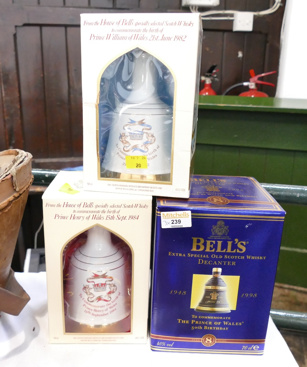 Three boxed commemorative Bells Whisky decanters - Prince of Wales 50th Birthday and Birth of