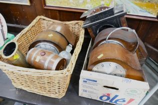 Box and wicker basket of clock parts, including Smiths Enfield, musical barrel, brass container,