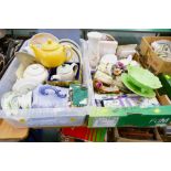 Two boxes of teapots, collectors' plates, cheese dish, dressing table set, vintage handkerchiefs,