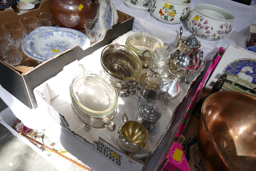 Box of plated serving stands with Pyrex inserts, coffee pot,