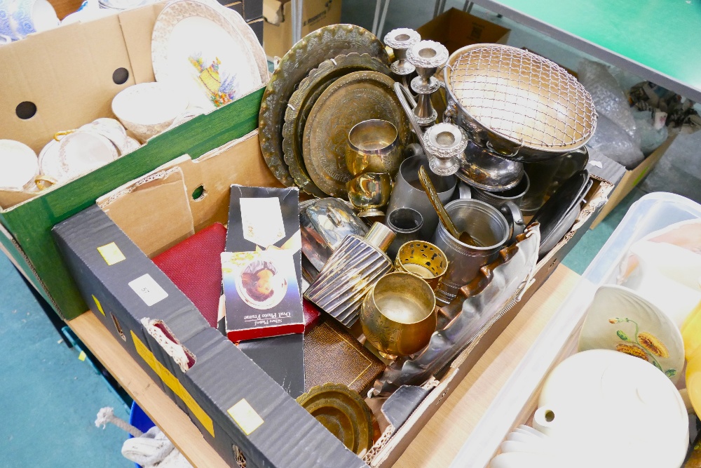 Box of plated ware, tankards, cutlery,