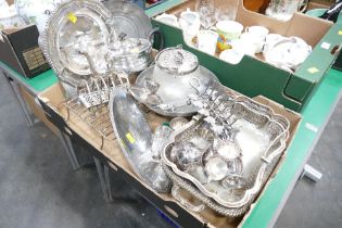 Box of plated ware, serving dishes, platters, teapot,