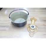 Brass jam pan and wooden carved barometer