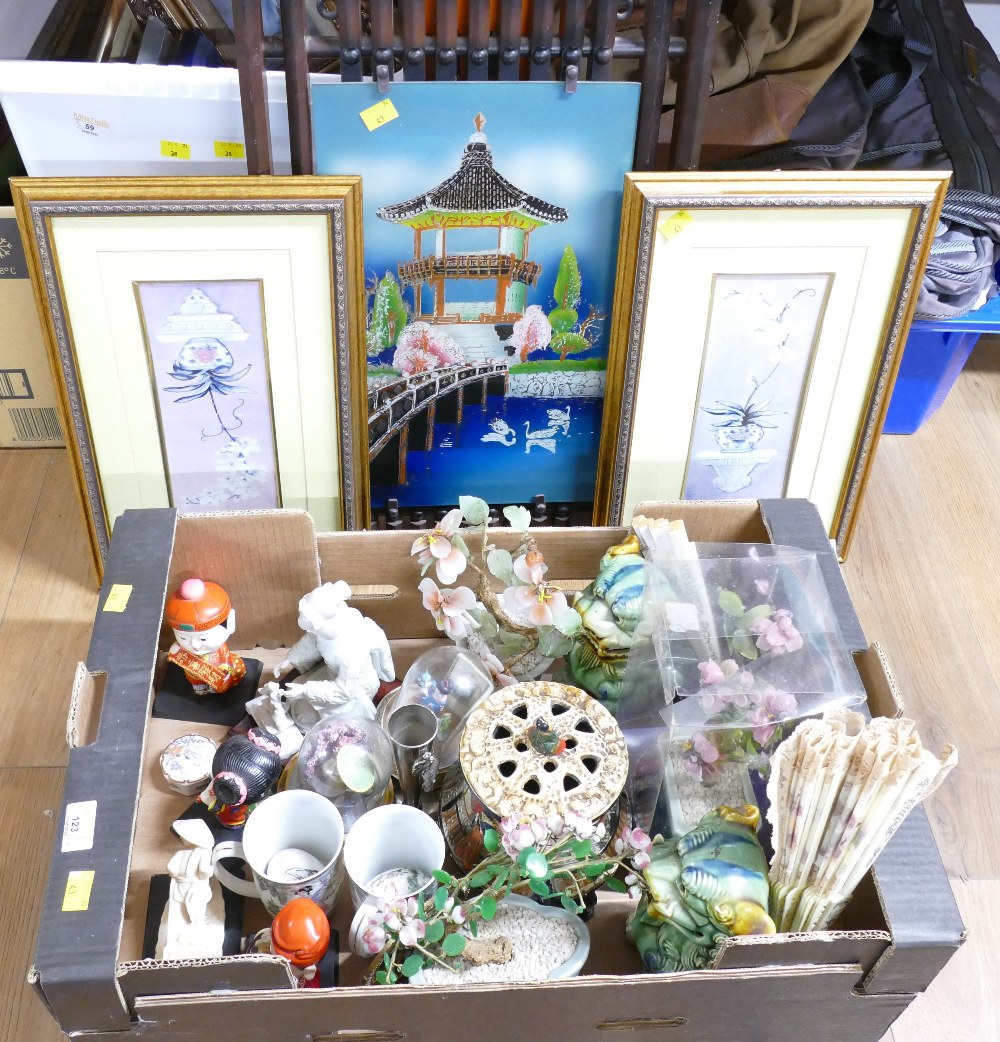 Box of Oriental inspired ceramics and ornaments including figurines, mineral stone, bonsai trees,