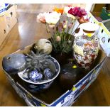 Box of Oriental vase, stoneware bottle, Studio Pottery ornaments, artificial flowers,