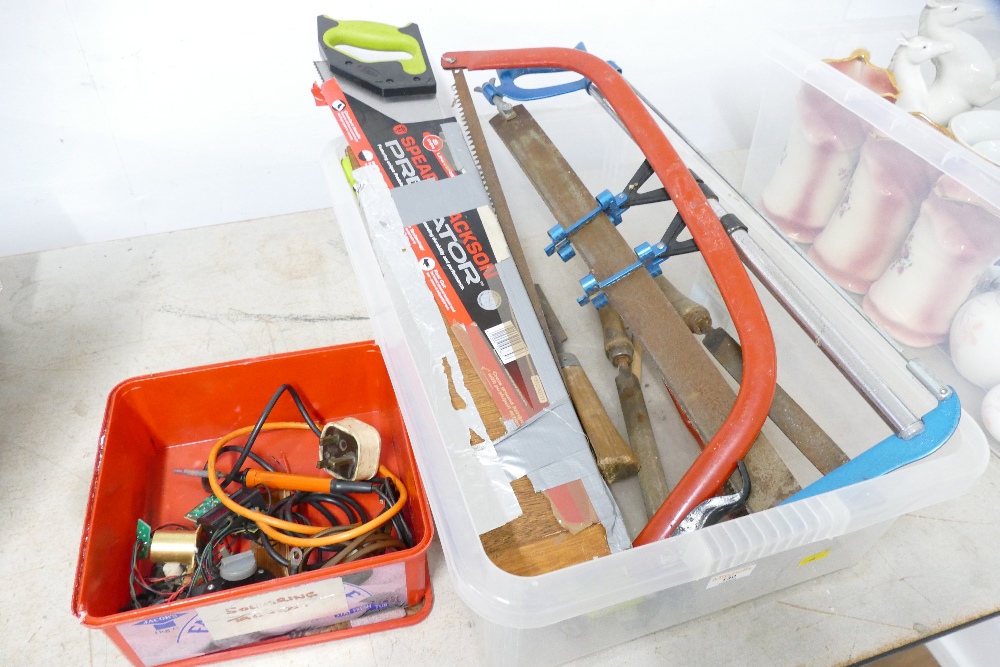 Box of hand saws, hand tools,