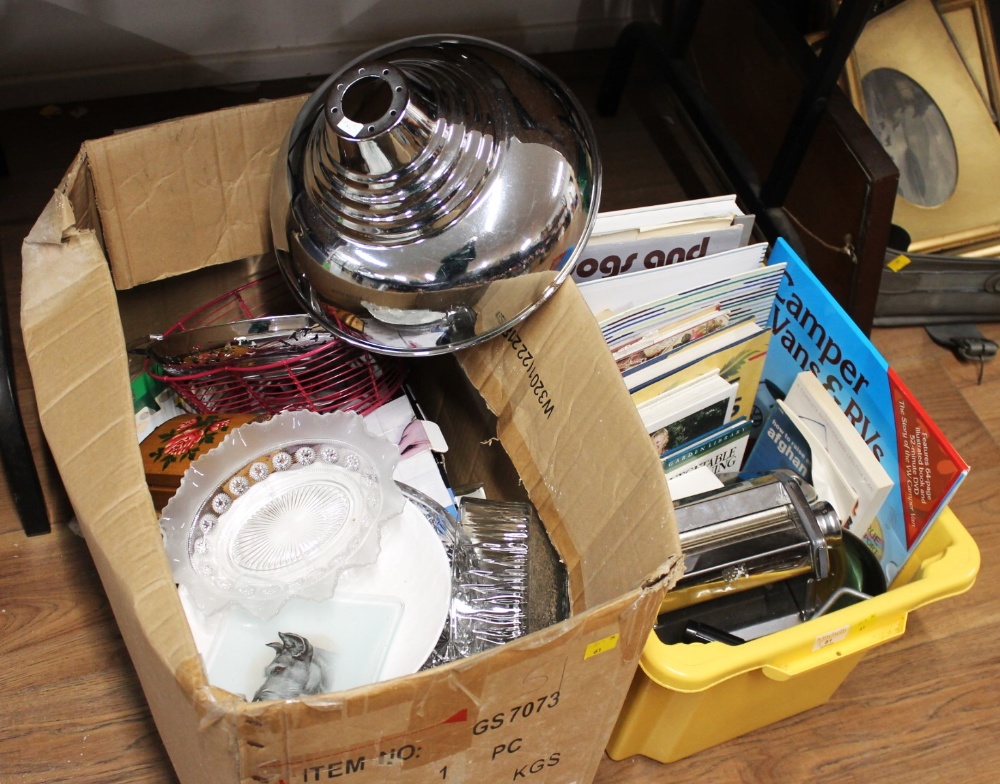 Box of books and box of glassware, lamp shades,