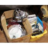 Box of books and box of glassware, lamp shades,