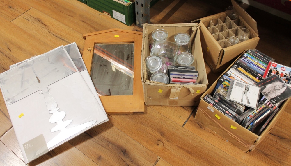 Three boxes of glassware, glass jars, CD's, DVD's,