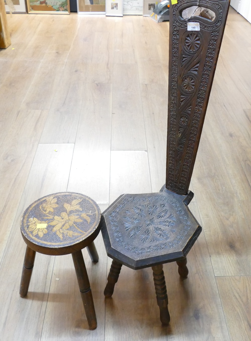 Carved spinning stool and small tripod stool