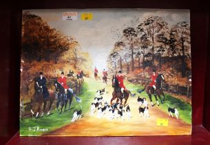Oil painting on board, hunting scene signed S.J.