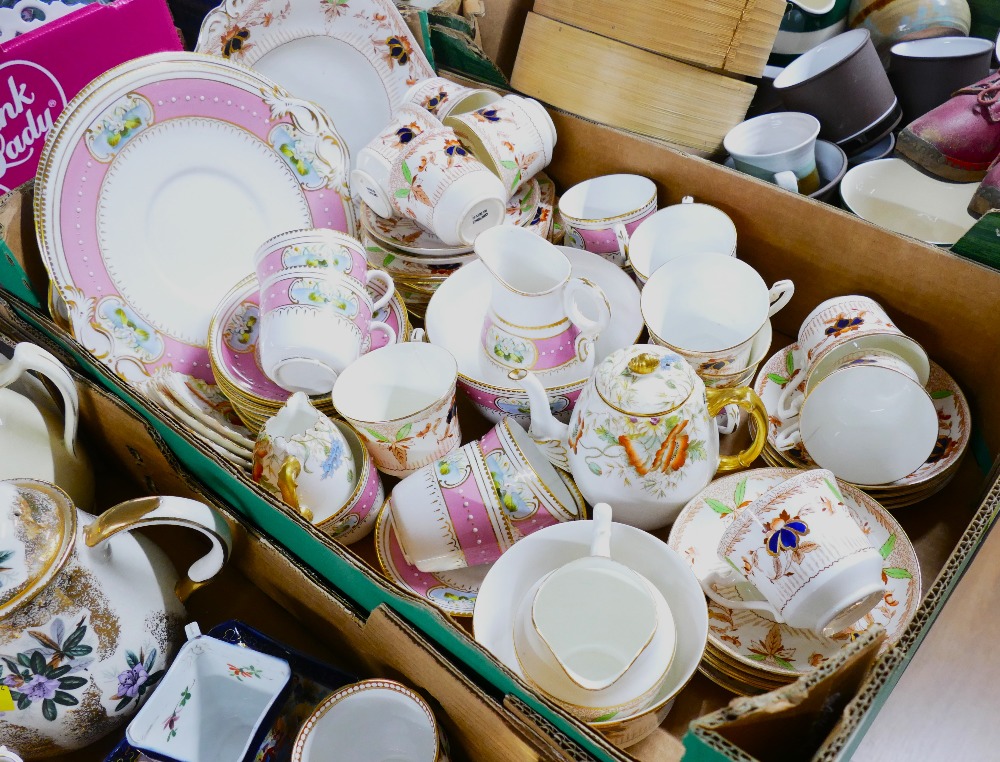 Box of pink and gilt floral patterned part tea set and Wetley china part tea set